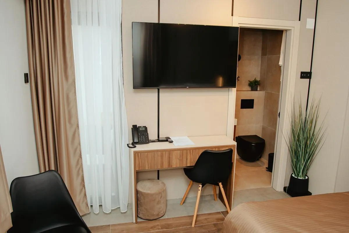 Desk, TV and bed in the studio