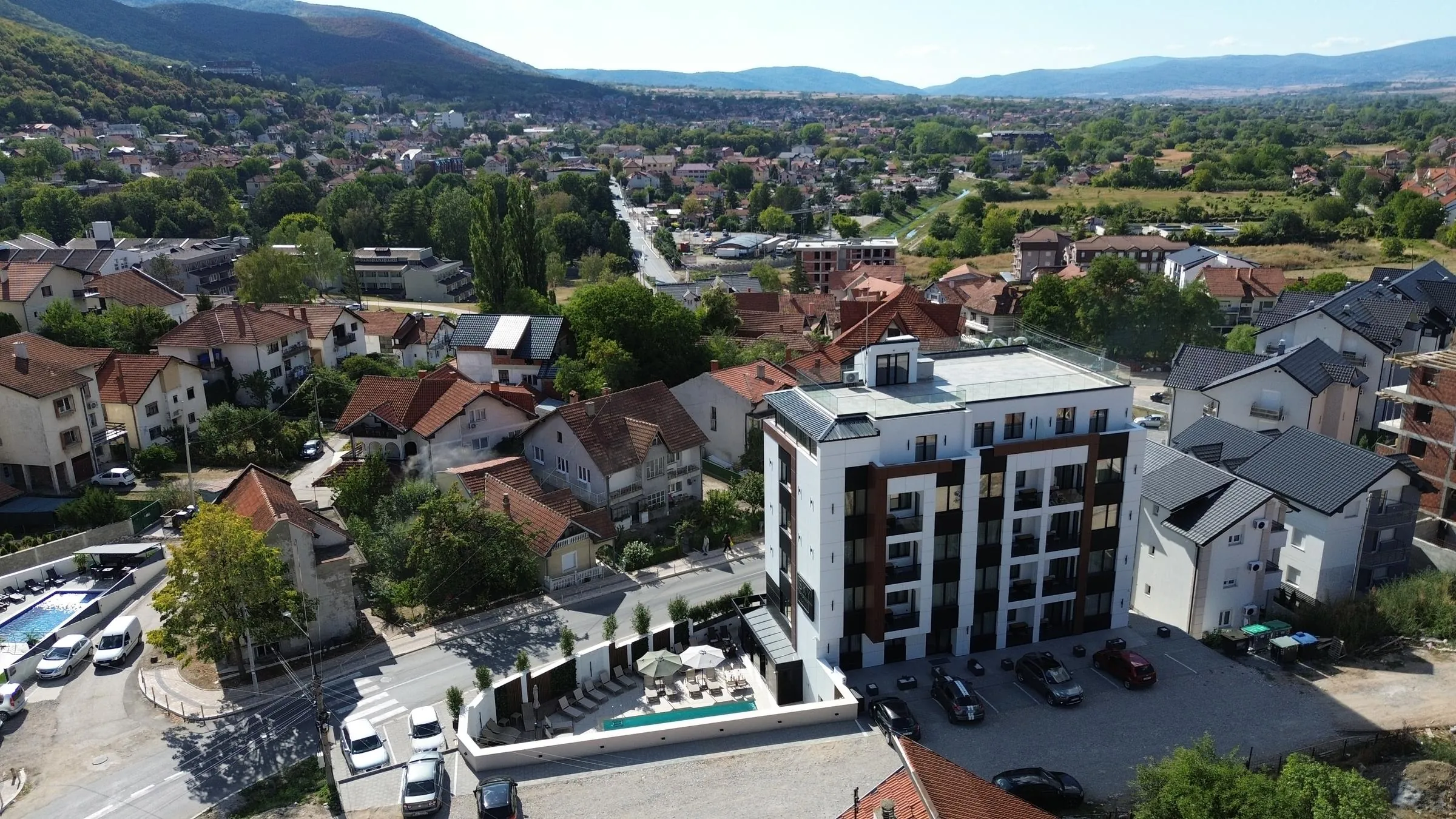 Sokobanja and the surrounding mountains, drone shot above the hotel